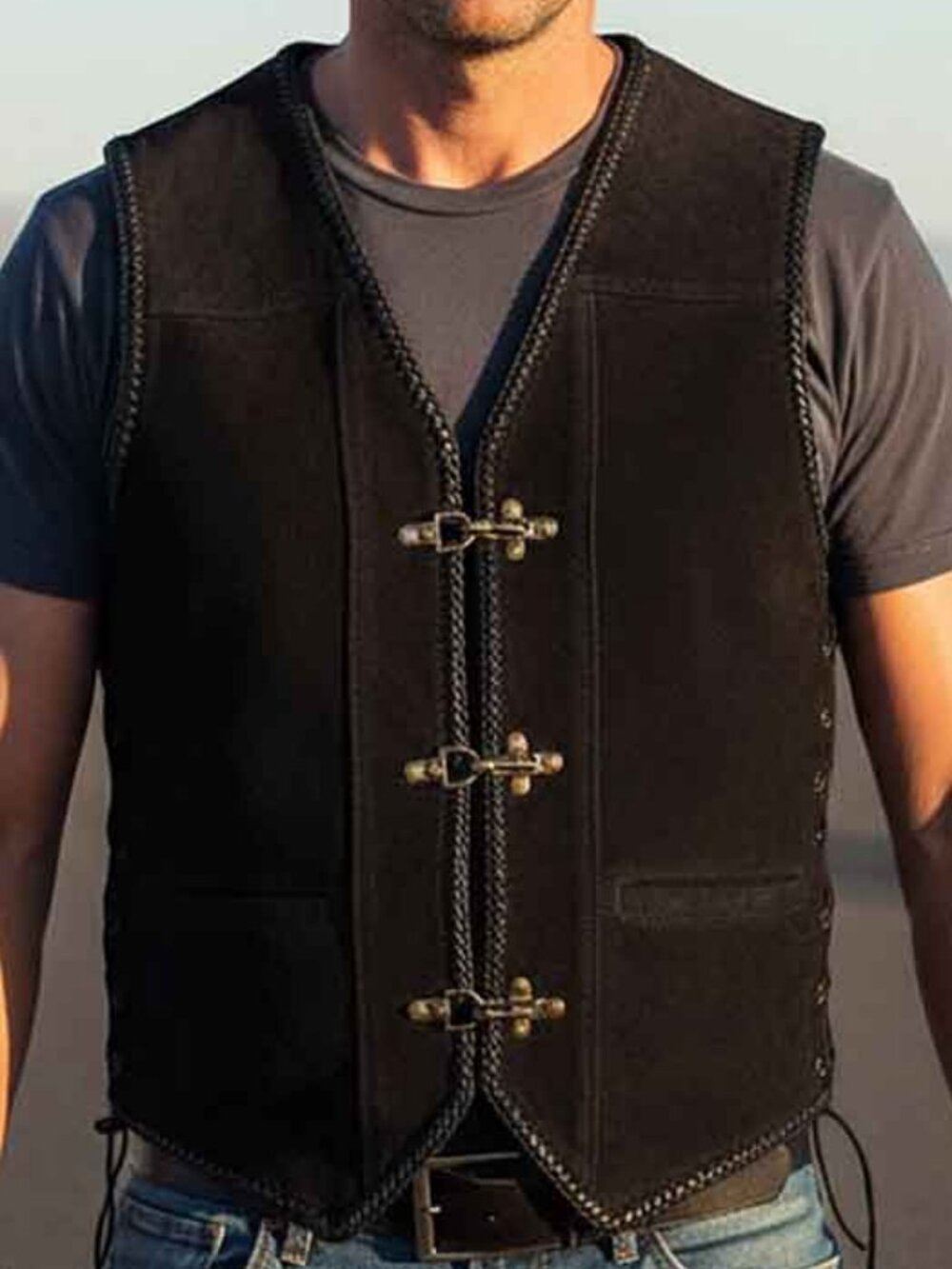 RIDERACT® Motorcycle Vest Black Leather Biker Vest Triple Clasp Style